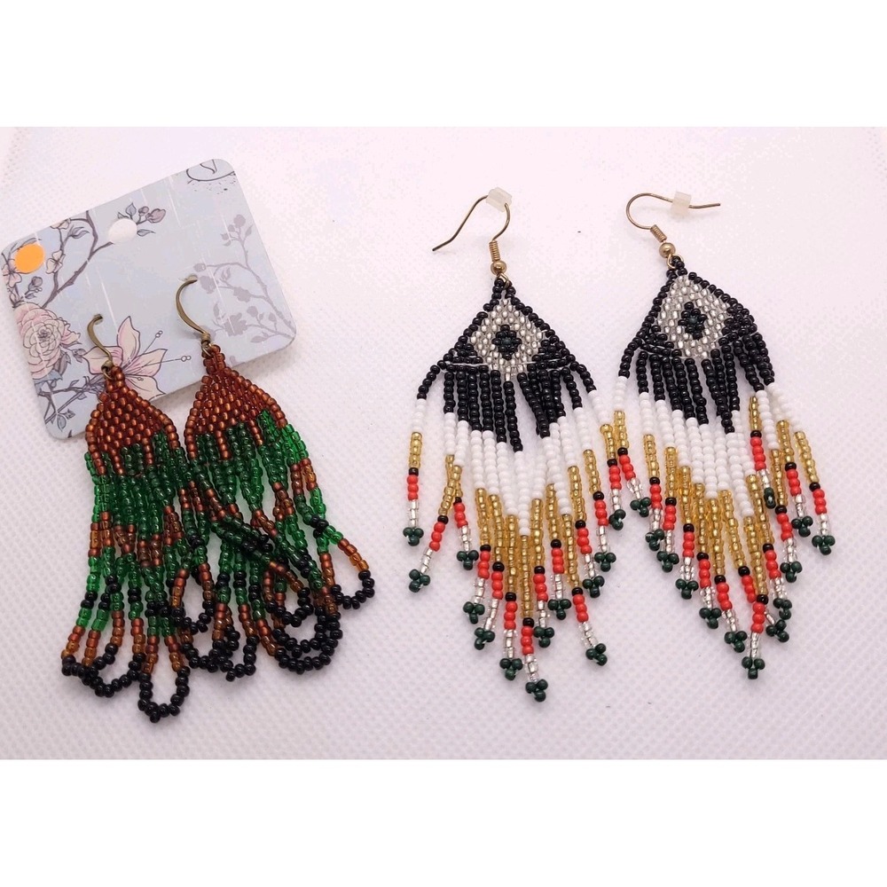 Handmade Seed Bead Dangle Earrings Lot 2 Pairs Fringe Statement Boho Tribal